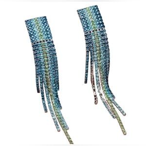 Blue & Green Rhinestone Tassel Earrings